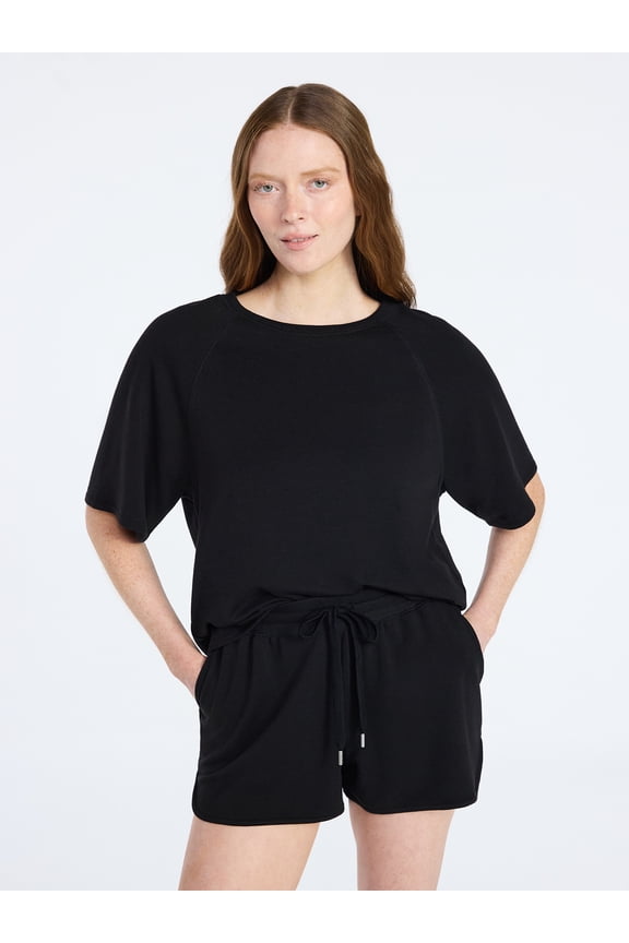 Women's French Terry Lounge Sleep Short Sleeve Top and Shorts Set, 2-Piece, Sizes XS-3X