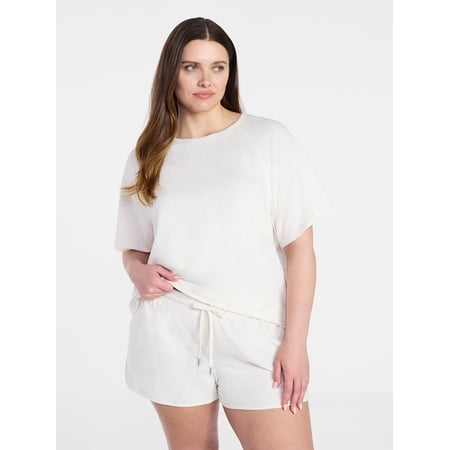 Joyspun Women's French Terry Short Sleeve Top and Shorts Sleep Set, 2-Piece, Sizes XS-3X