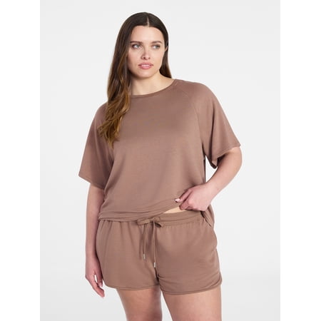 Joyspun Women's French Terry Short Sleeve Top and Shorts Sleep Set, 2-Piece, Sizes XS-3X