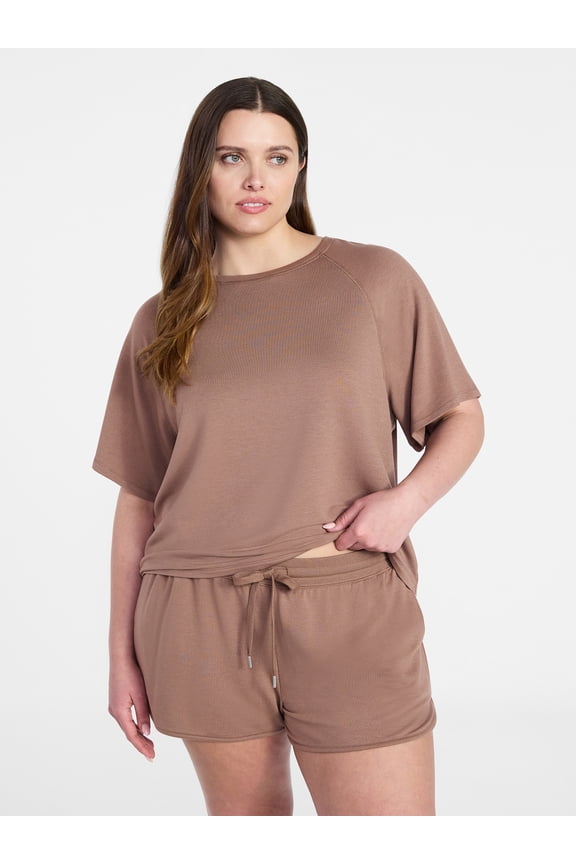 Women's French Terry Lounge Sleep Short Sleeve Top and Shorts Set, 2-Piece, Sizes XS-3X