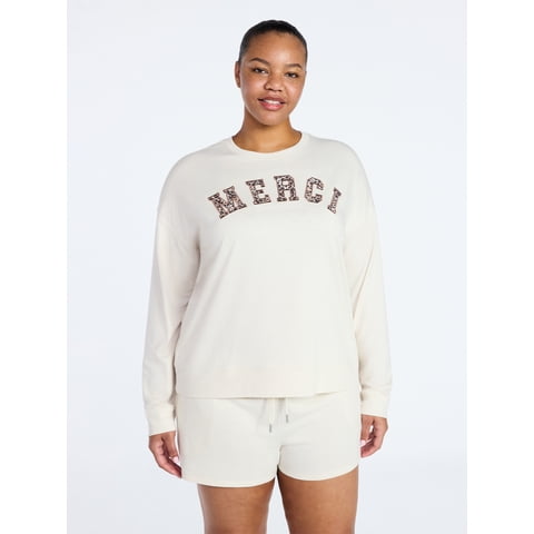 Women's French Terry Knit Long Sleeve Lounge Sleep Top, Sizes XS-3X