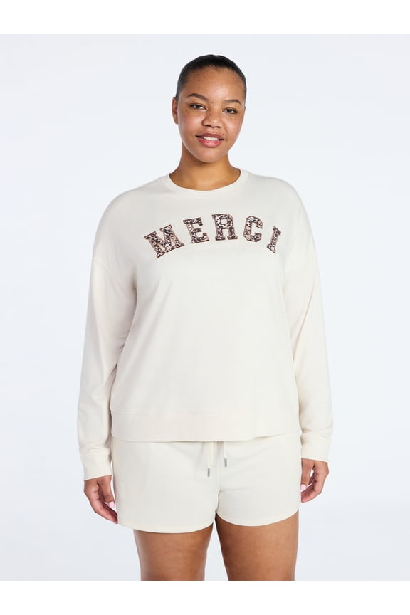 Women's French Terry Knit Long Sleeve Lounge Sleep Top, Sizes XS-3X