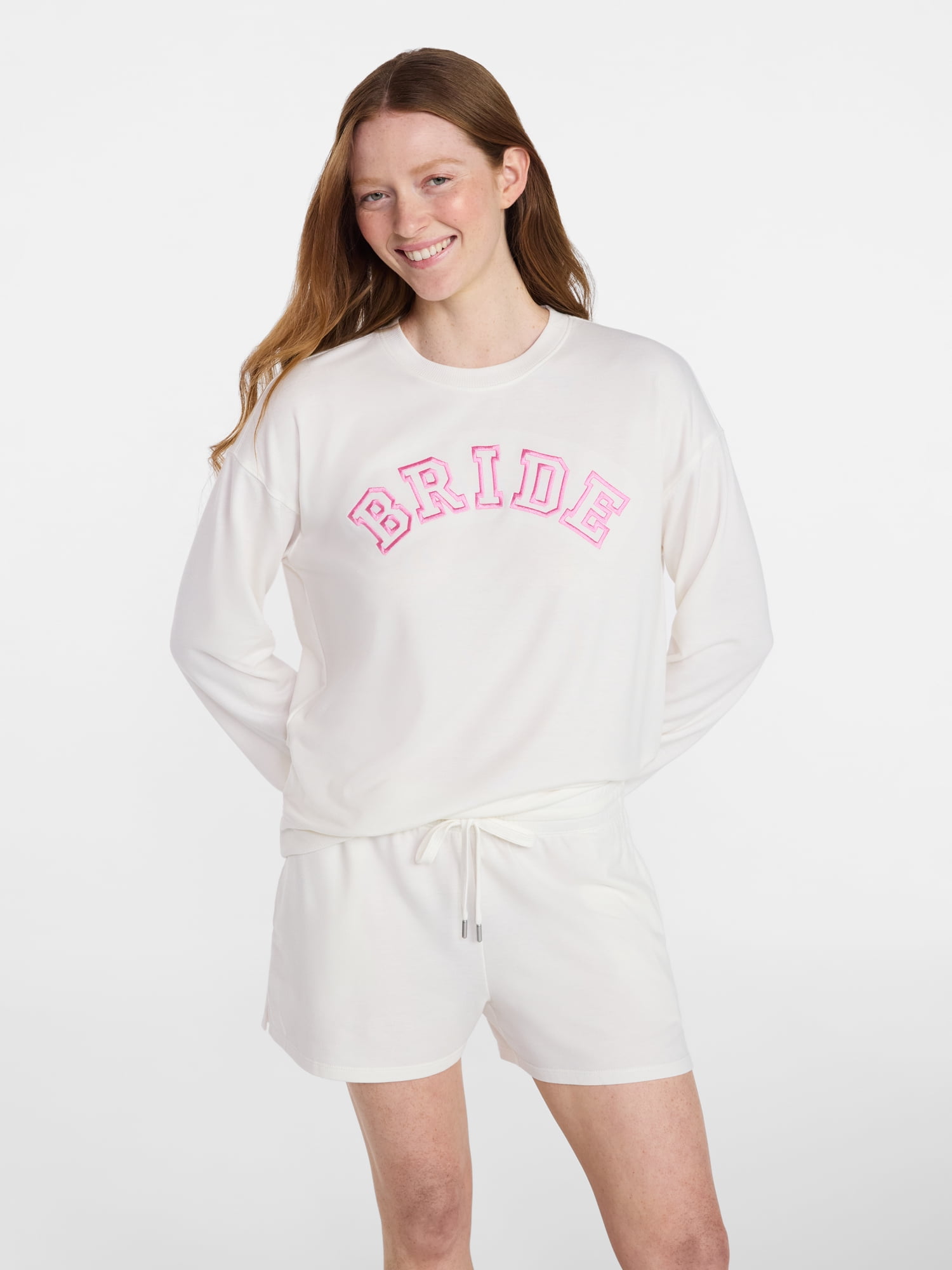 Joyspun Women's French Terry Knit Bridal Long Sleeve Sleep Top, Sizes XS to 3X