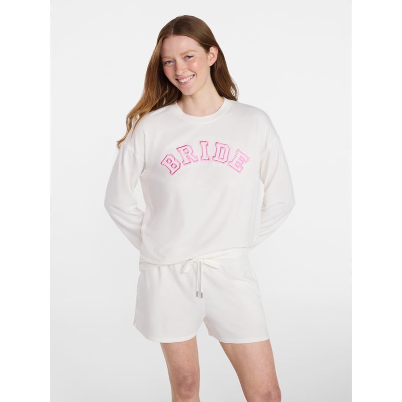 Women's French Terry Knit Bridal Long Sleeve Sleep Top, Sizes XS to 3X