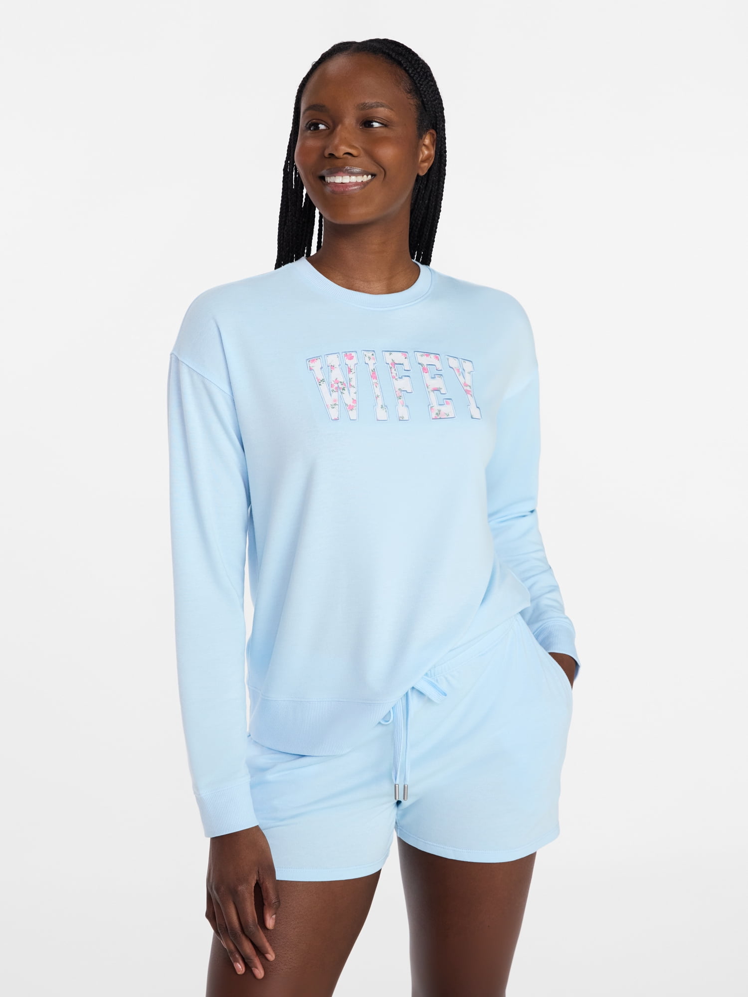 Joyspun Women's French Terry Knit Bridal Long Sleeve Sleep Top, Sizes XS to 3X