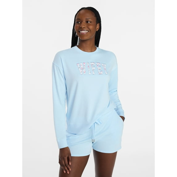 Joyspun Women's French Terry Knit Bridal Long Sleeve Sleep Top, Sizes XS to 3X