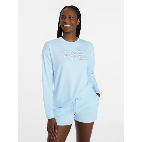 Joyspun Women's French Terry Knit Bridal Long Sleeve Sleep Top, Sizes XS to 3X