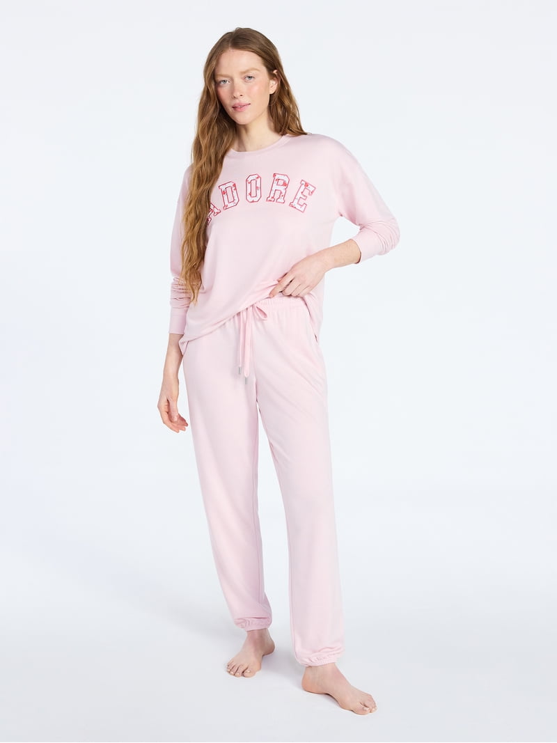 Joyspun Women's French Terry Long Sleeve Sleep Top and Joggers