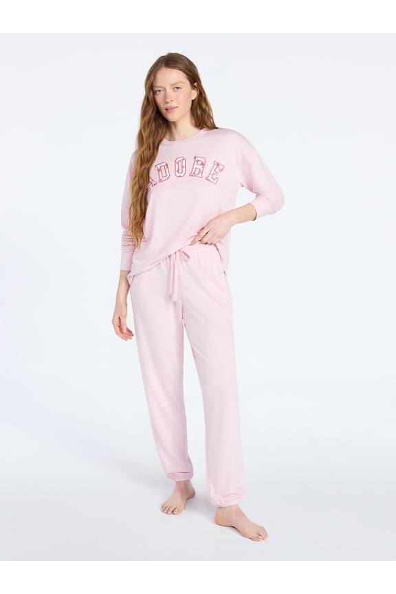 Women's French Terry Long Sleeve Sleep Top and Joggers Lounge Set, 2-Piece, Sizes XS-3X