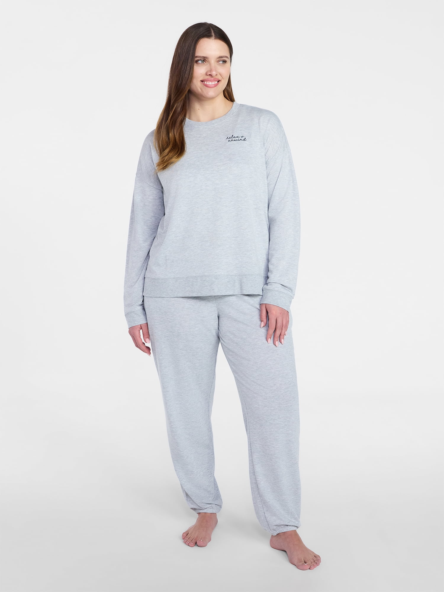 Joyspun Women's French Terry Long Sleeve Sleep Top and Joggers Lounge Set, 2-Piece, Sizes XS-3X
