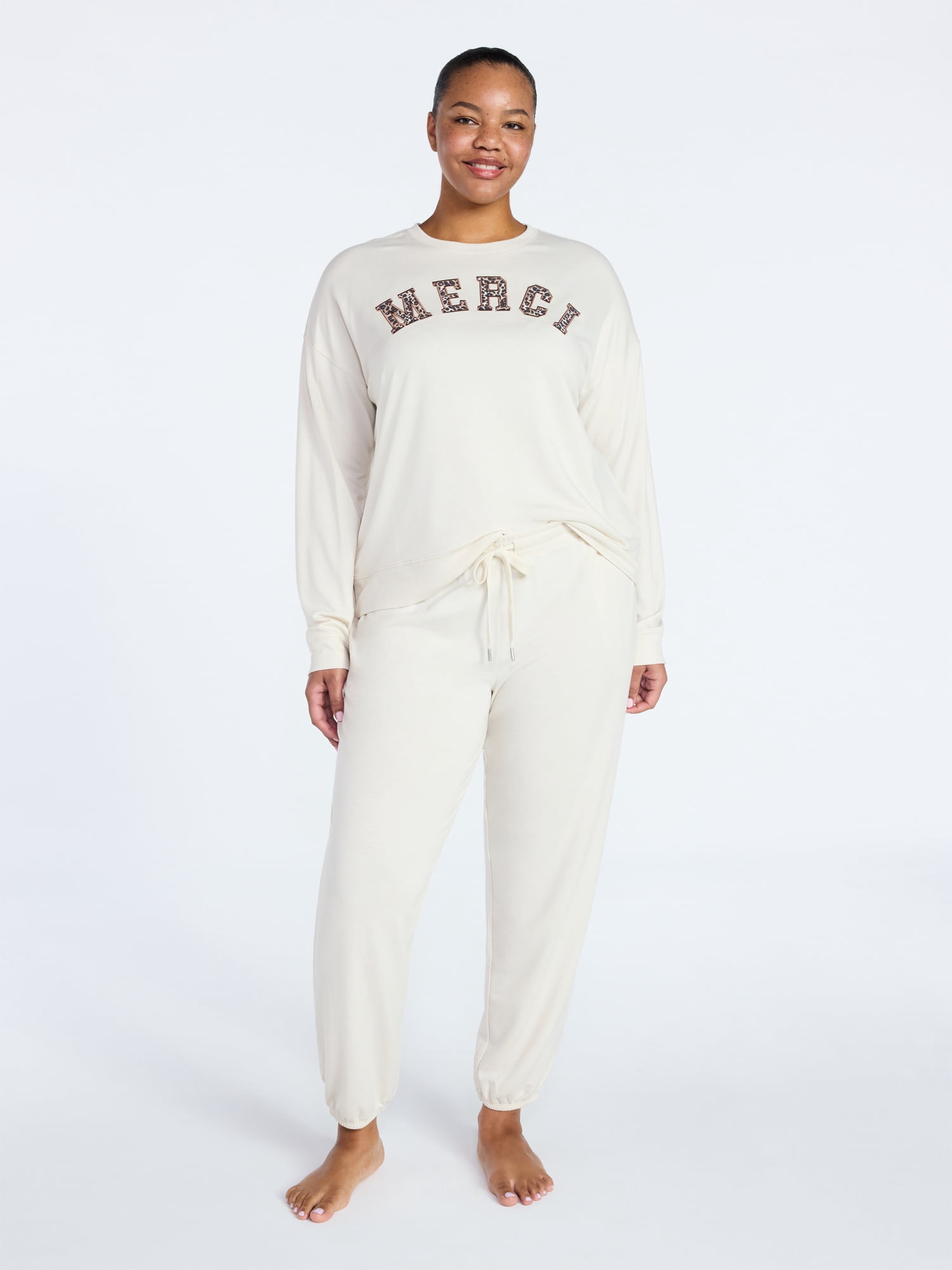 Joyspun Women's French Terry Long Sleeve Sleep Top and Joggers Lounge ...
