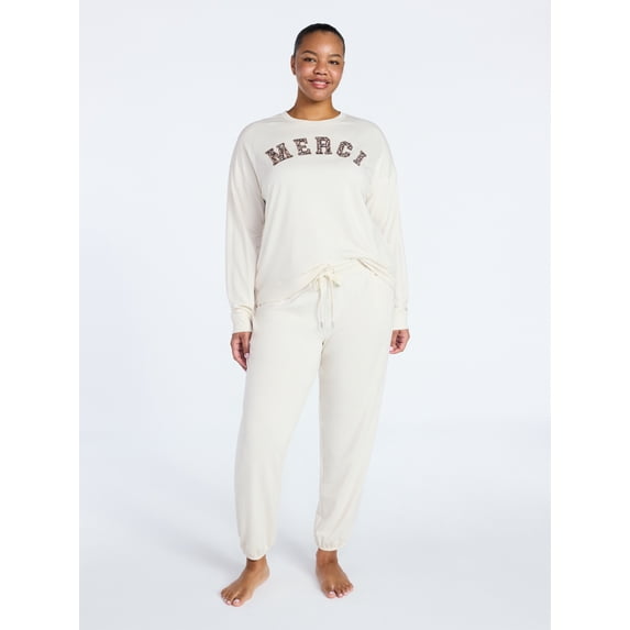 Joyspun Women's French Terry Long Sleeve Sleep Top and Joggers Lounge Set, 2-Piece, Sizes XS-3X