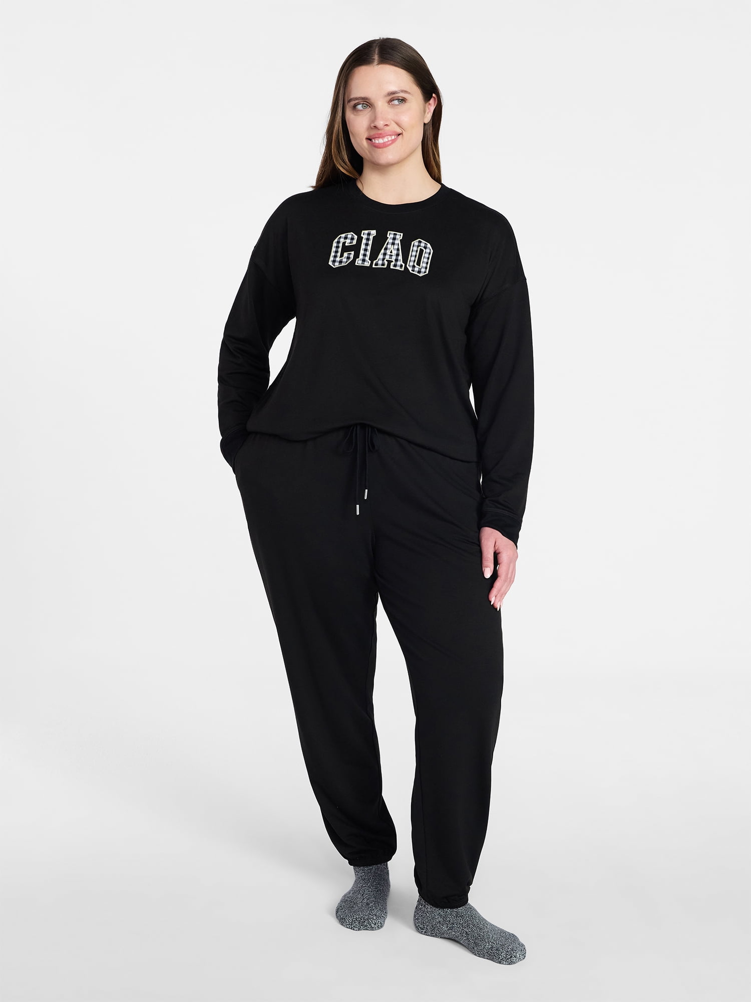 Joyspun Women's French Terry Long Sleeve Sleep Top and Joggers Lounge Set, 2-Piece, Sizes XS-3X