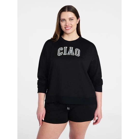 Joyspun Women's French Terry Long Sleeve Top and Shorts Lounge Set, 2-Piece, Sizes XS-3X