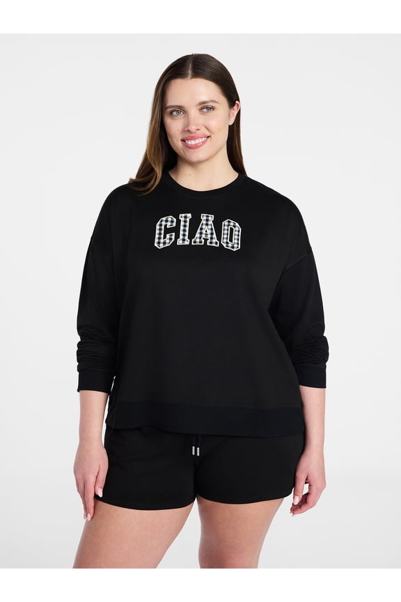 Women's French Terry Long Sleeve Top and Shorts Lounge Set, 2-Piece, Sizes XS-3X