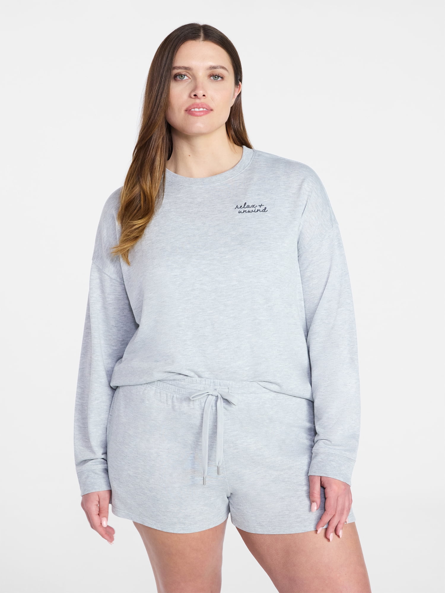 Joyspun Women's French Terry Long Sleeve Top and Shorts Lounge Set, 2-Piece, Sizes XS-3X