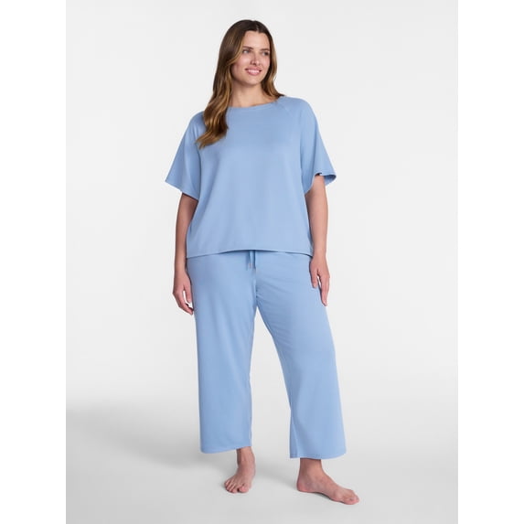 Joyspun Women's French Terry Lounge Sleep Short Sleeve Top and Capri Pants Set, 2 Piece, Sizes XS-3X
