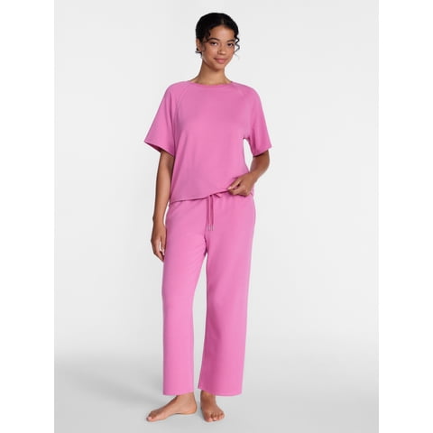 Women's French Terry Lounge Sleep Short Sleeve Top and Capri Pants Set, 2 Piece, Sizes XS-3X