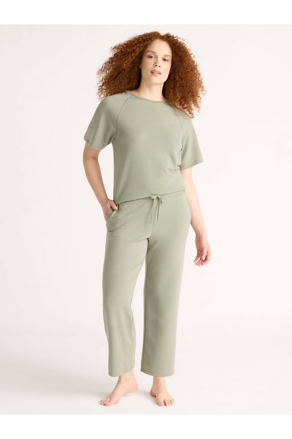 Women's French Terry Short Sleeve Top and Capri Pants Pajama Set, 2-Piece, Sizes XS-3X