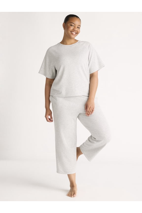 Women's French Terry Short Sleeve Top and Capri Pants Pajama Set, 2-Piece, Sizes XS-3X