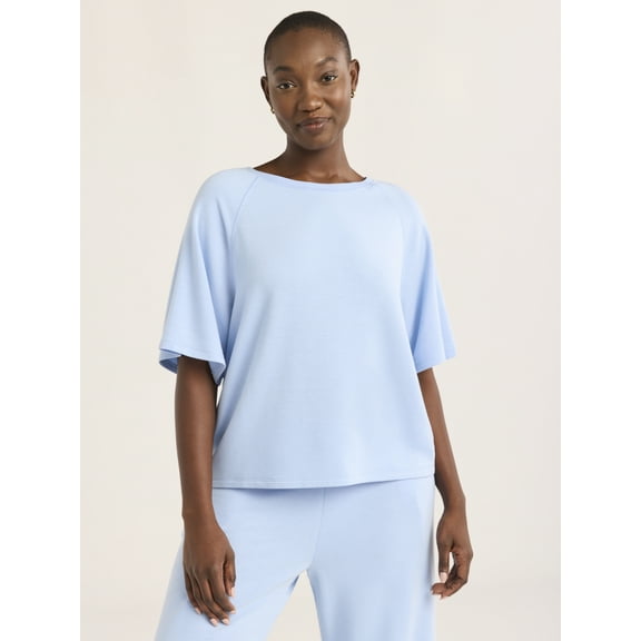 Joyspun Women's French Terry Short Sleeve Top and Capri Pants Set, 2-Piece, Sizes XS-3X