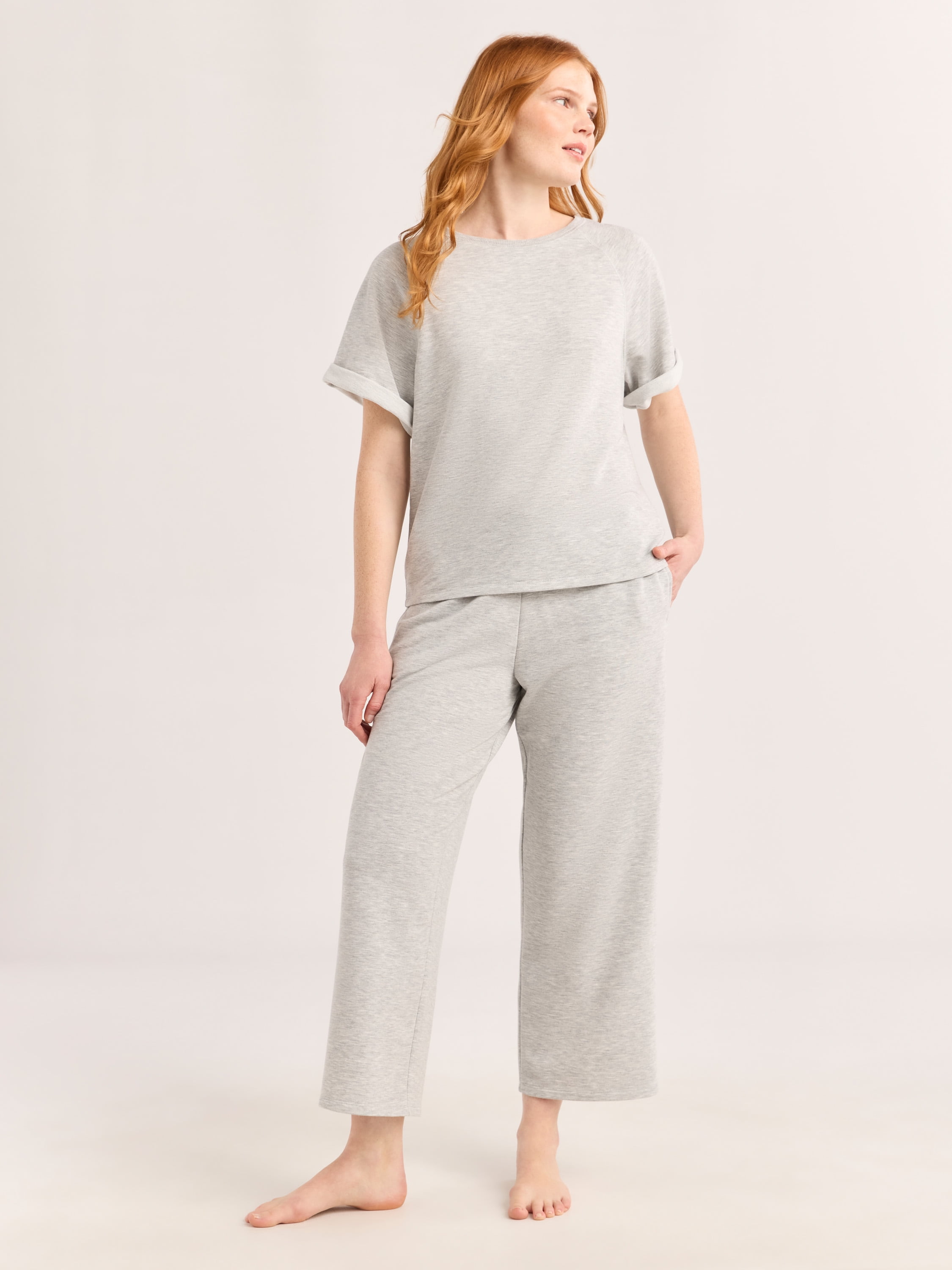 Joyspun Women's French Terry Short Sleeve Top and Capri Pants Set