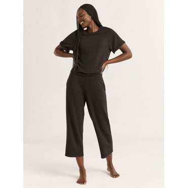 Joyspun Women's French Terry Short Sleeve Top and Capri Pants Set, 2-Piece, Sizes XS-3X