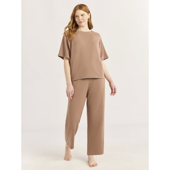 Joyspun Women's French Terry Short Sleeve Top and Capri Pants Set, 2-Piece, Sizes XS-3X