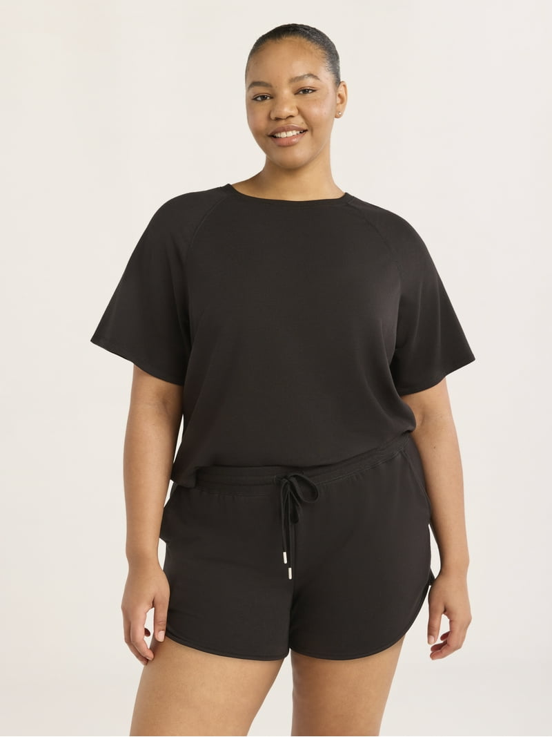 Joyspun Women's French Terry Short Sleeve Top and Shorts Set, 2