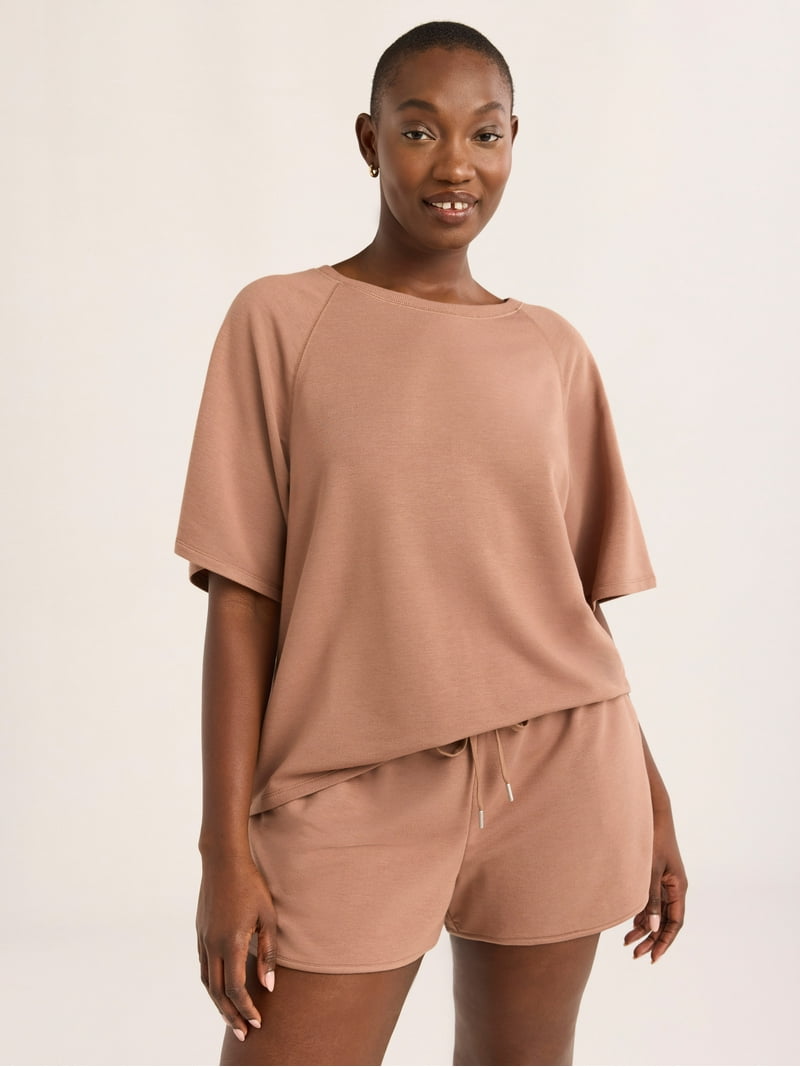 Joyspun Women's French Terry Short Sleeve Top and Shorts Set, 2