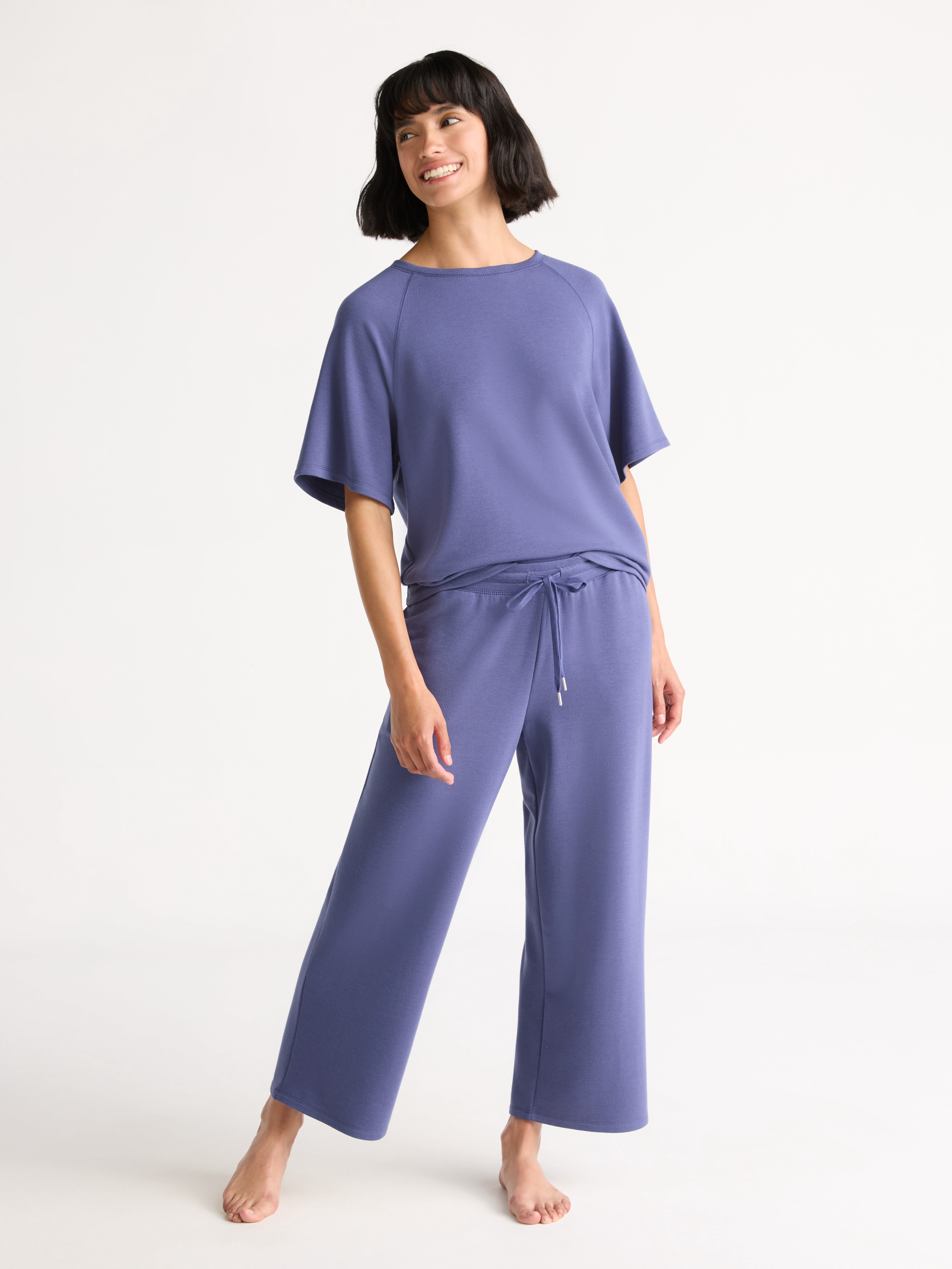 Solid French Terry Long Sleeve Tie Front Slouchy Top And Jogger Pants Two Piece Set