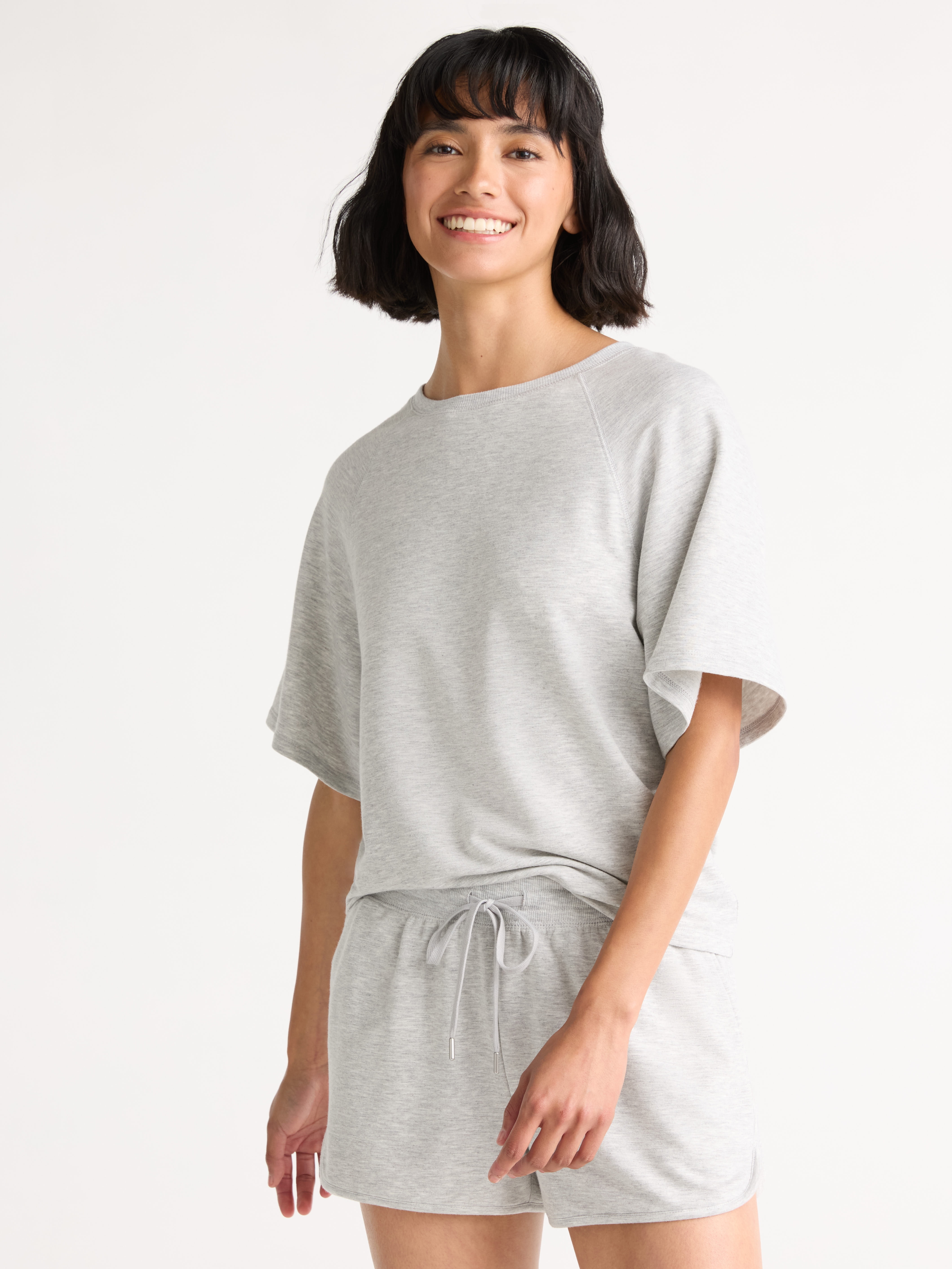 Joyspun Women's French Terry Short Sleeve Top and Shorts Pajama Set, 2-Piece, Sizes XS-3X