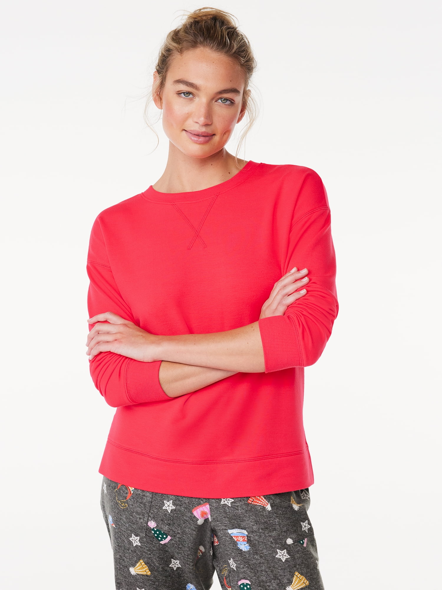 Joyspun Women's French Terry Sleep Top with Long Sleeves, Sizes XS to