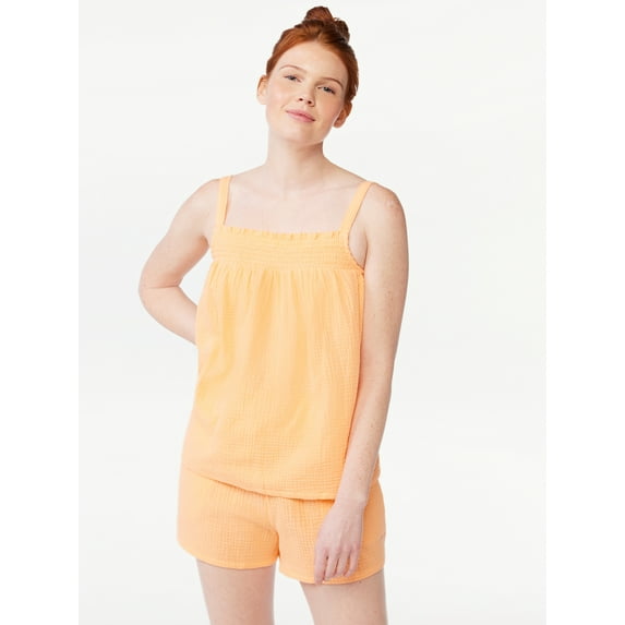Joyspun Women's Gauze Smocked Cami Top and Shorts Sleep Set, Sizes S to 3X