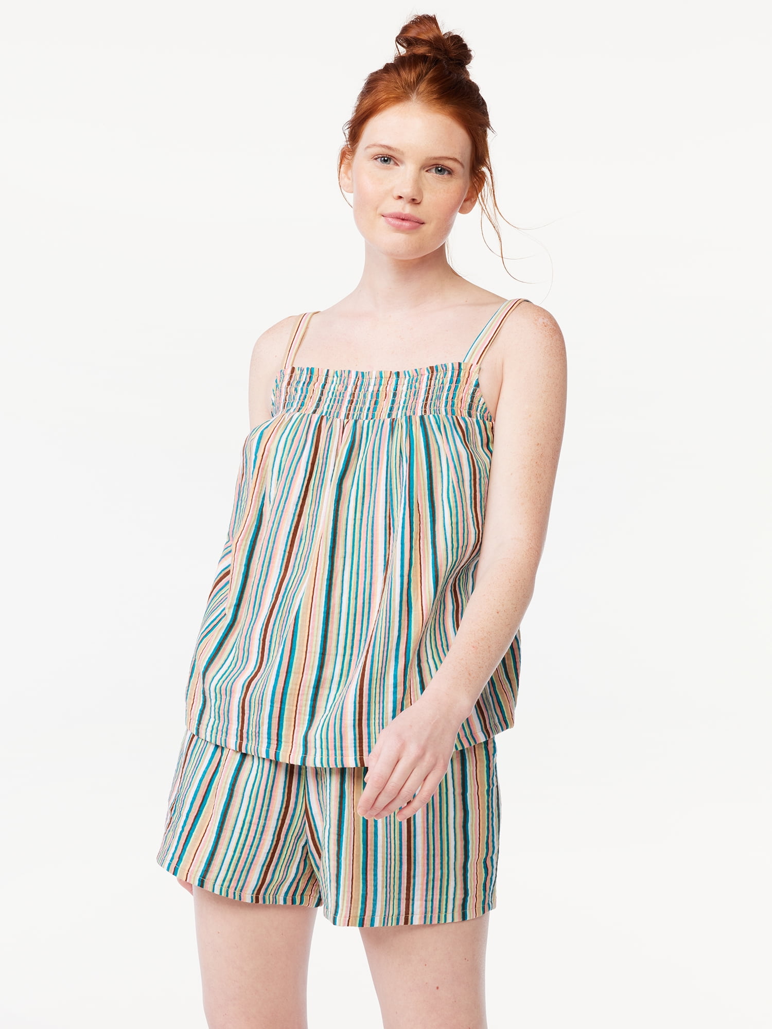 Joyspun Women's Gauze Smocked Cami Top and Shorts Sleep Set, Sizes S to 3X
