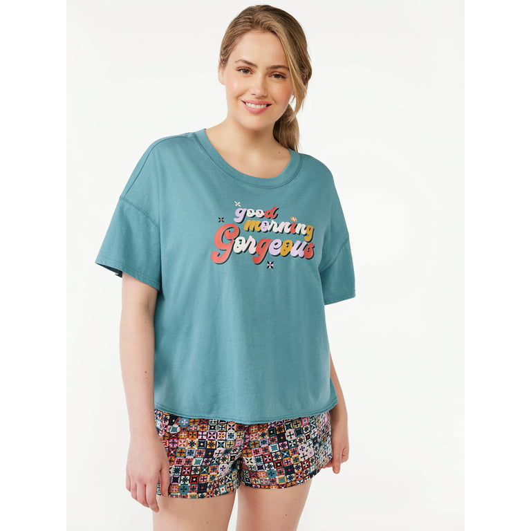 Joyspun Women's Graphic T-Shirt and Boxer Shorts Pajama Set, 2