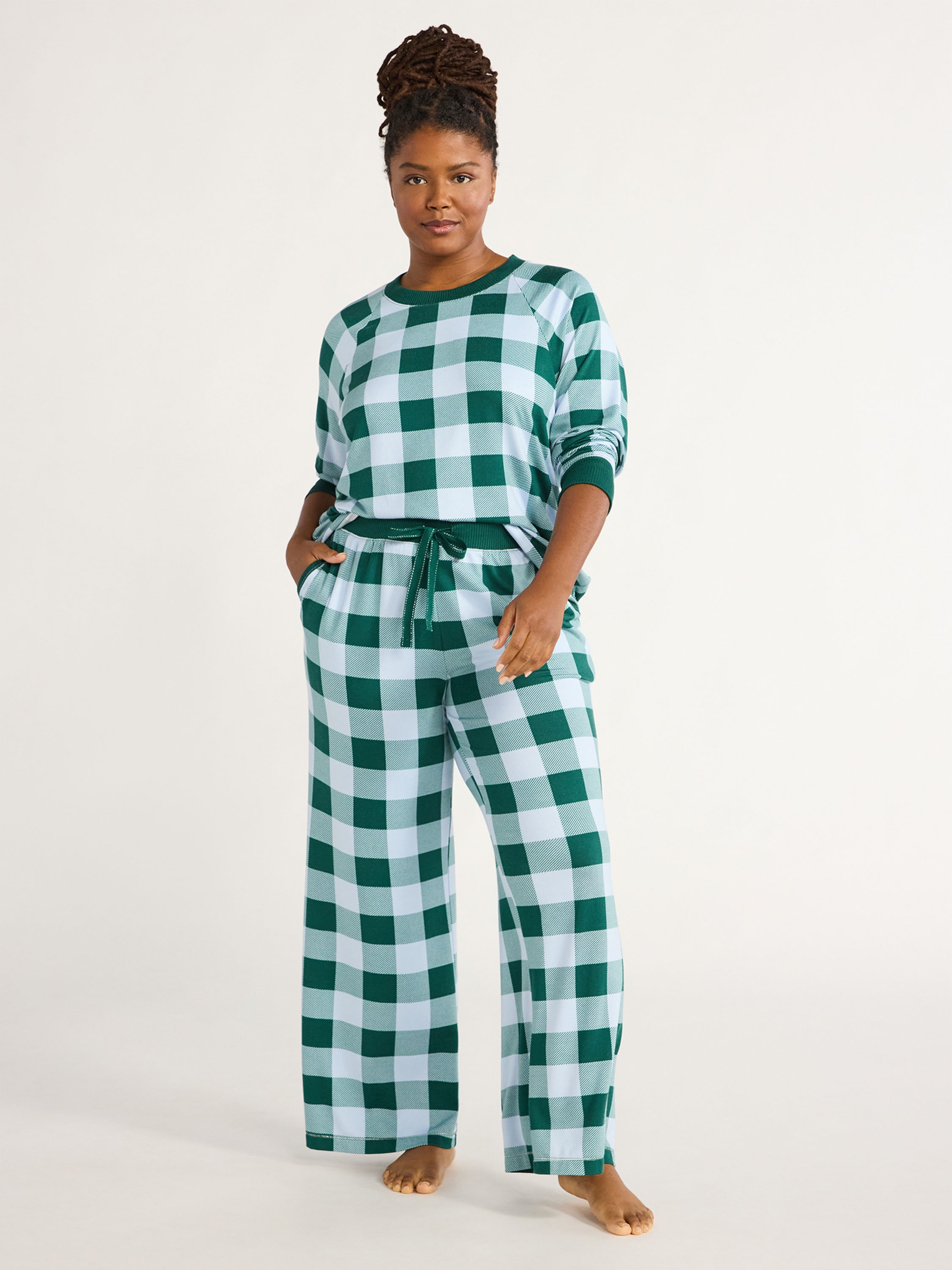 Joyspun Women's Hacci Knit Buffalo Plaid Sleep Pants, 30.5