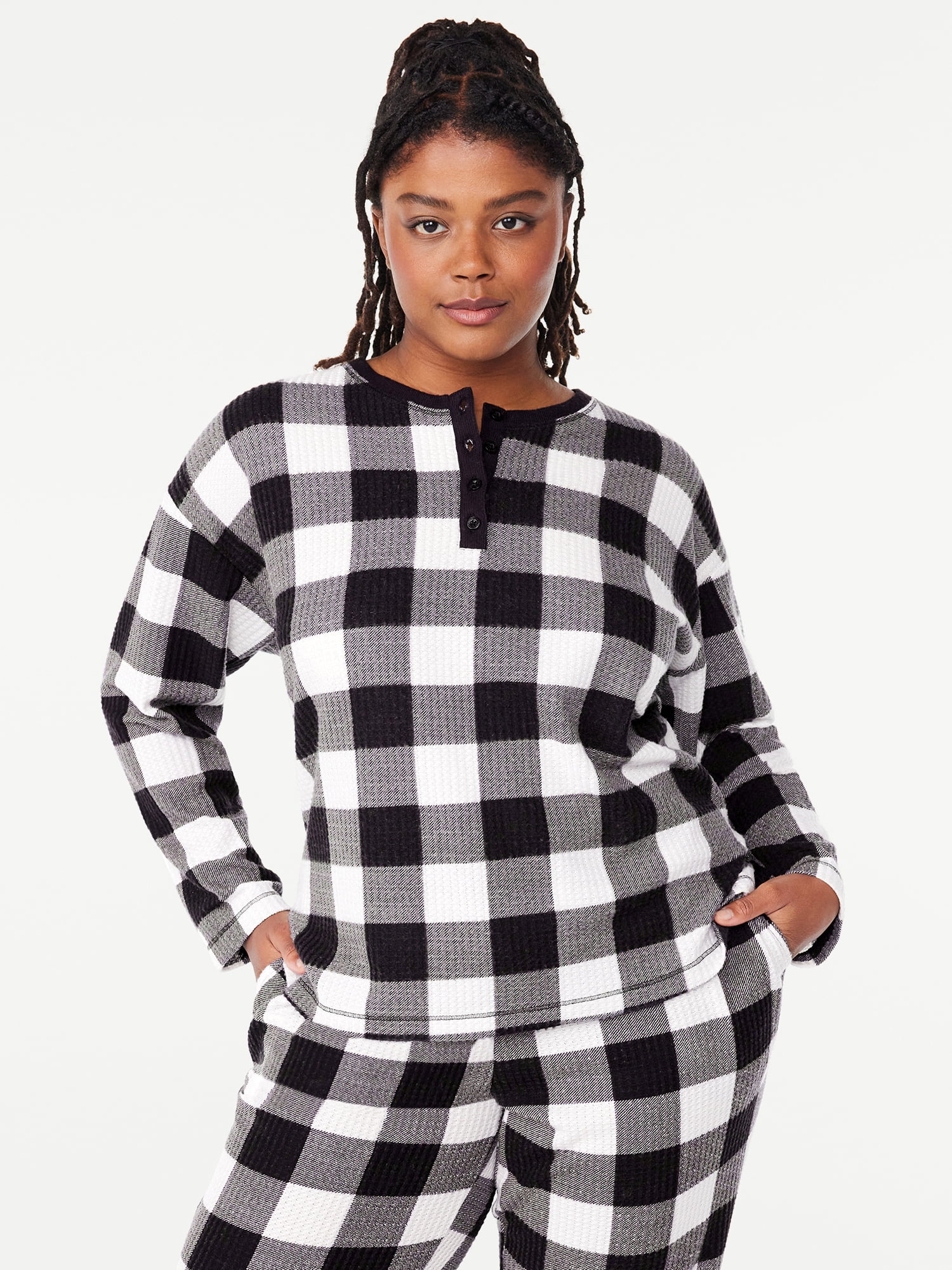 Joyspun Women's Hacci Long Sleeve Henley Sleep Top, Sizes S to 3X