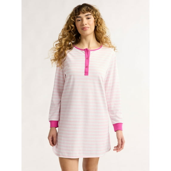 Joyspun Women's Jersey Long Sleeve Henley Sleepshirt, Sizes S to 3X