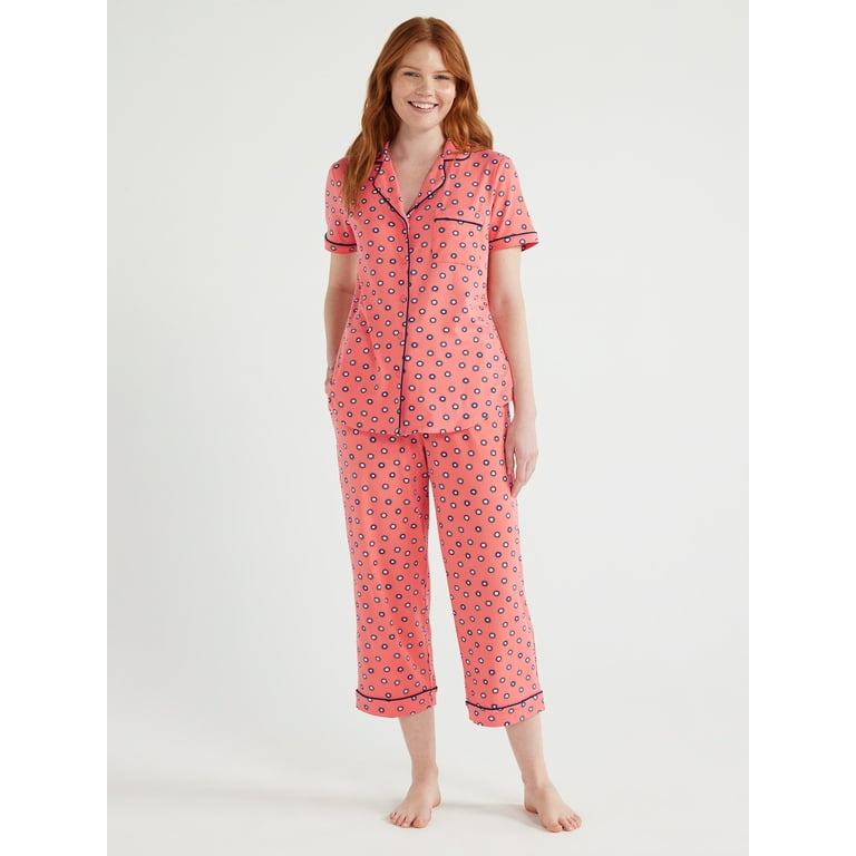 Joyspun Women's Knit Notch Collar Top and Capri Pants Pajama