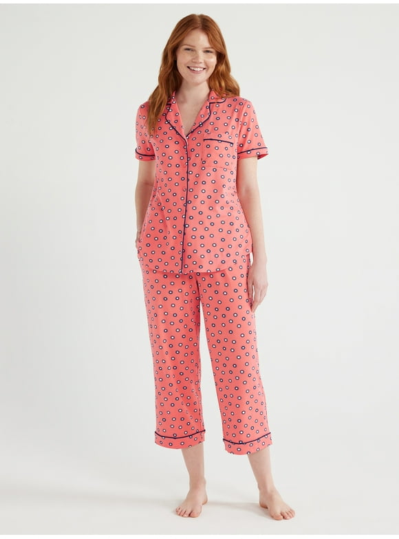 Joyspun Women's Knit Notch Collar Top and Capri Pants Pajama Set, 2-Piece, Sizes S to 3X