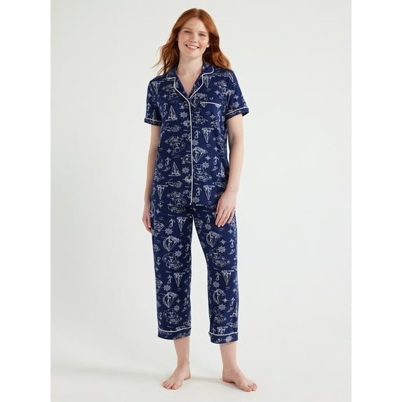 Joyspun Women's Knit Notch Collar Top and Capri Pants Pajama Set, 2-Piece, Sizes S to 3X