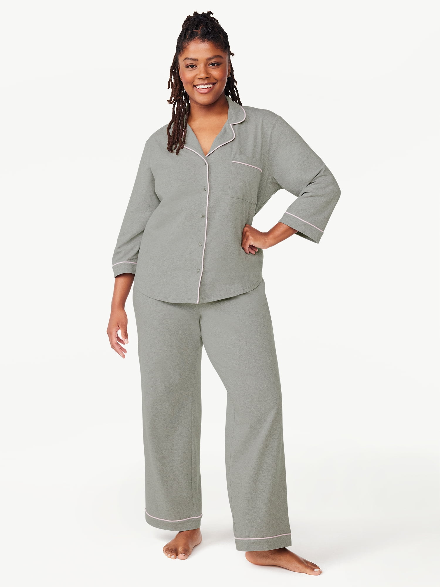 Joyspun Women’s Knit Notch Collar Top and Pants Pajama Set, 2-Piece ...