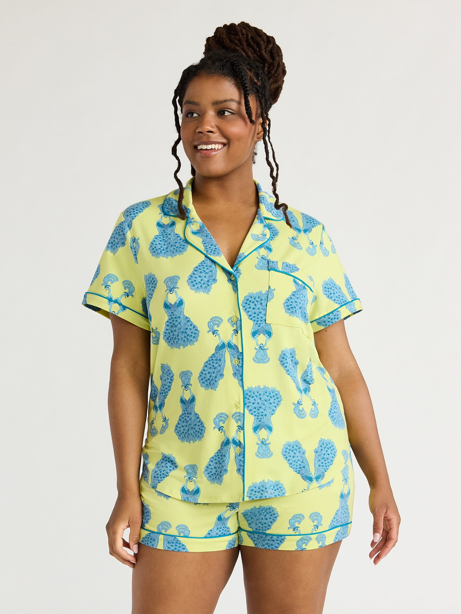 Joyspun Women s Knit Notch Collar Top and Shorts Pajama Set 2 Piece Sizes S to 3X Walmart