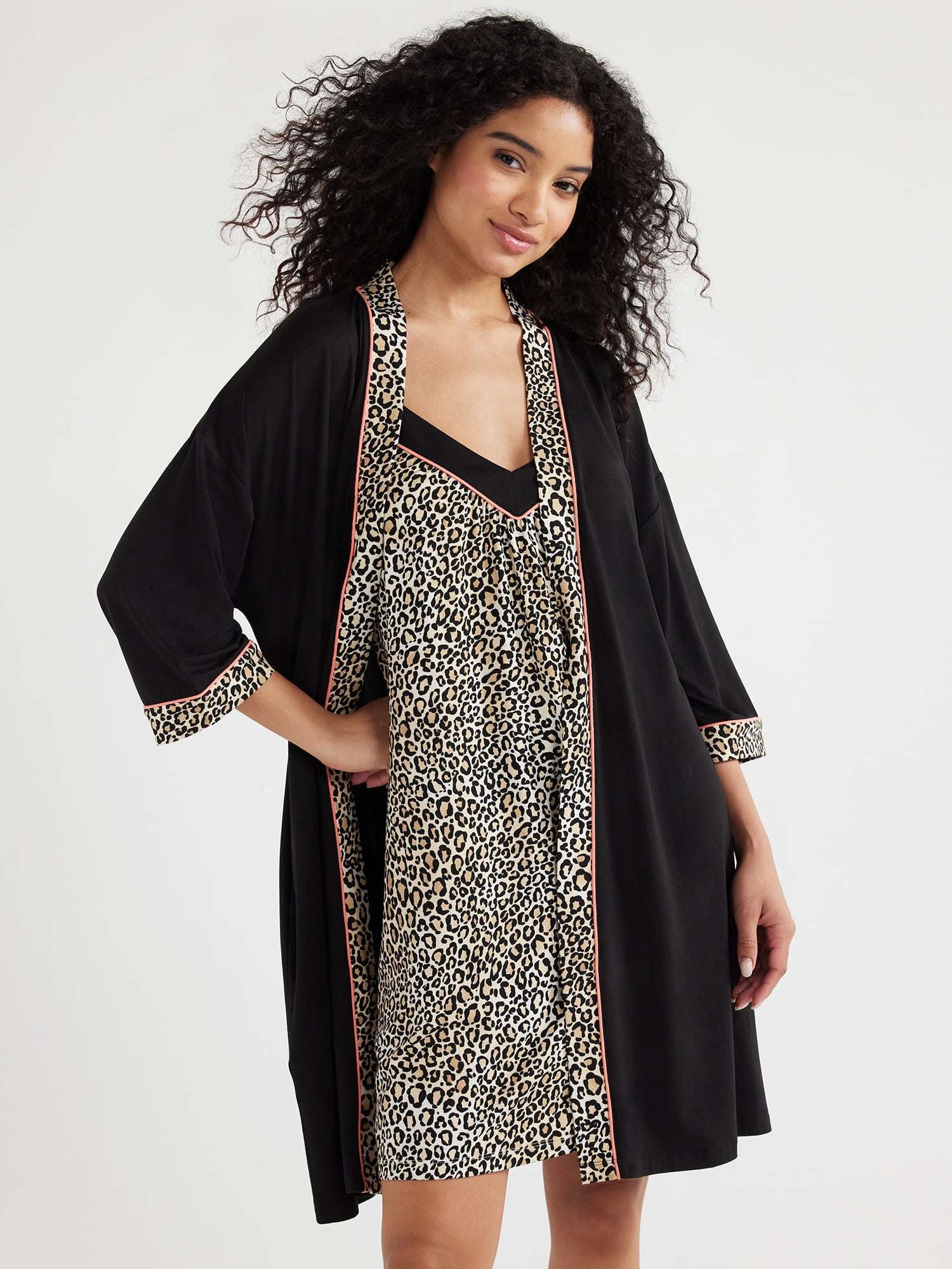 Joyspun Women's Knit Chemise and Robe Pajama Set, Soft and Comfortable ...