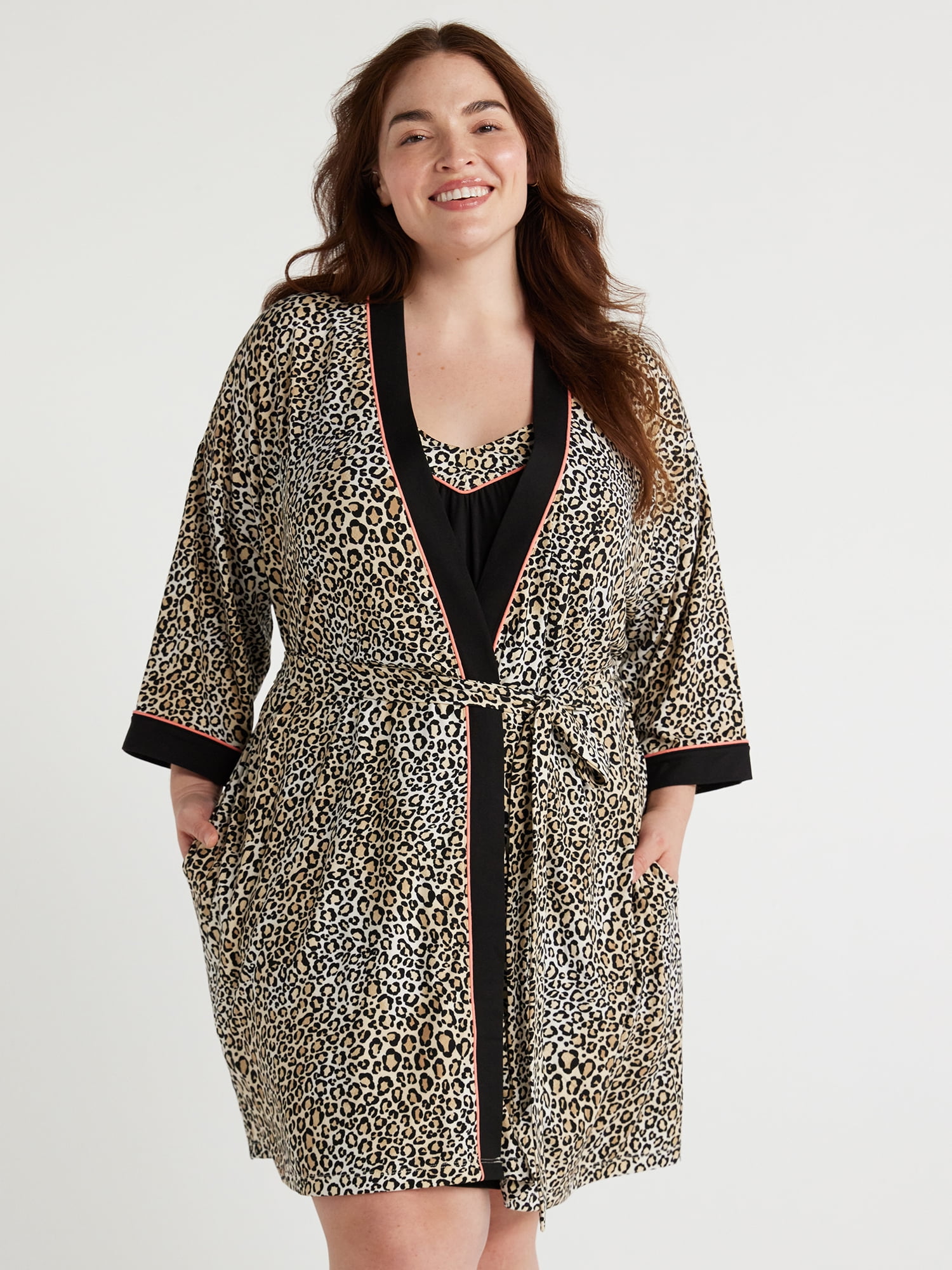 Joyspun Women's Knit Short Chemise and Sleepwear Robe Pajama Set, Sizes ...