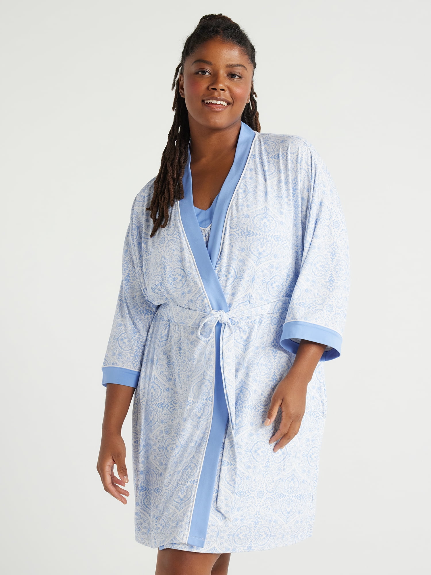 Joyspun Women's Knit Short Chemise and Sleepwear Robe Pajama Set, Sizes