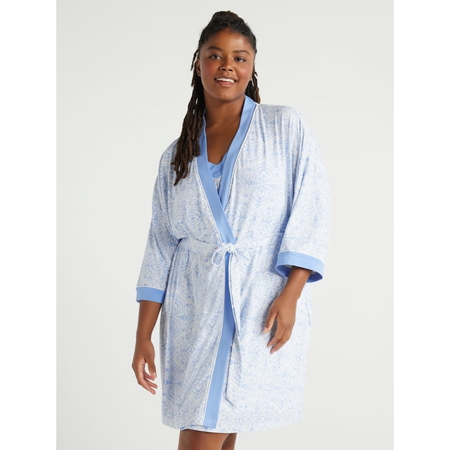 Joyspun Women's Knit Short Chemise and Sleepwear Robe Pajama Set, Sizes