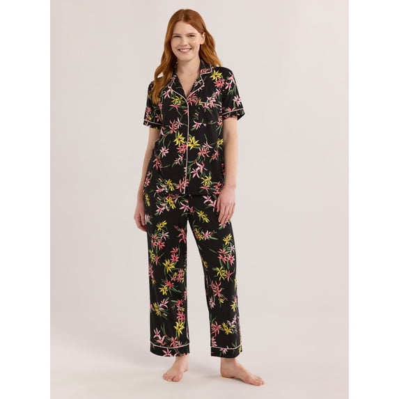 Joyspun Women's Dreamy Soft Collection Notch Collar Short Sleeve Knit Top & Capri Pajama Set, 2-Piece, Sizes XS-3X