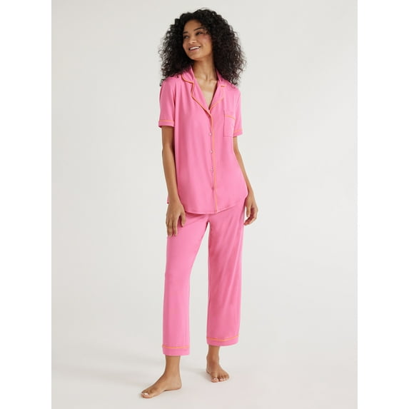 Joyspun Women's Knit Short Sleeve Notch Collar Top & Capri Pajama Set, 2-piece, Sizes Up to 3X